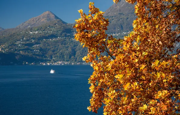 Autumn, mountains, ship, Italy, lake Como, Varenna