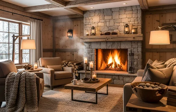 Picture winter, snow, room, interior, window, Christmas, fireplace, plaid