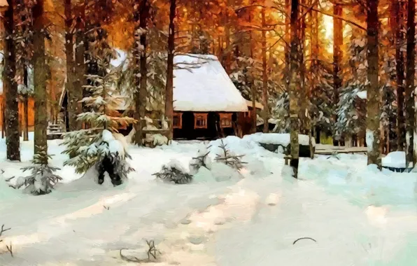Winter, forest, snow, trees, house, oil, picture, canvas