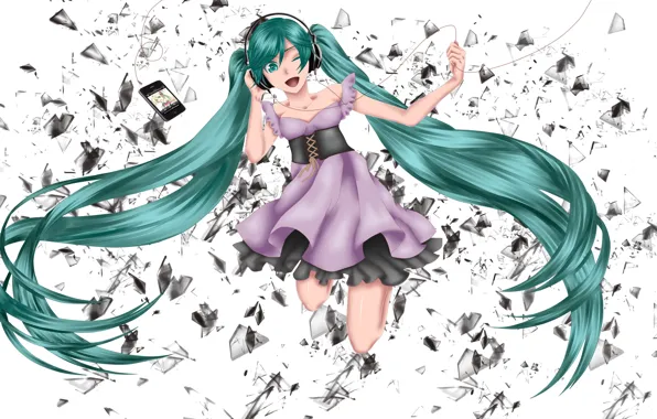 Picture girl, fragments, ipod, headphones, art, player, wire, Hatsune Miku