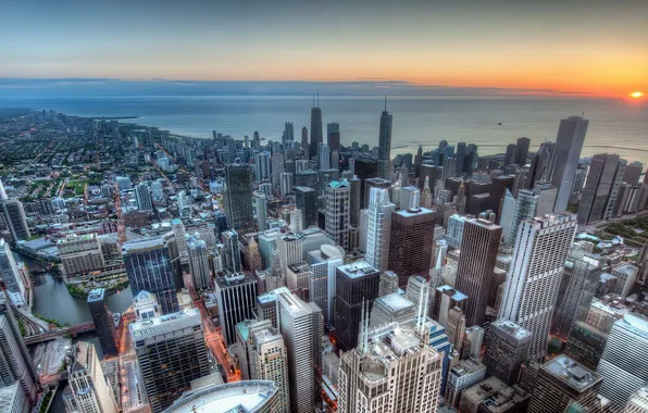 Sunset, coast, building, Chicago, panorama, Chicago, skyscrapers