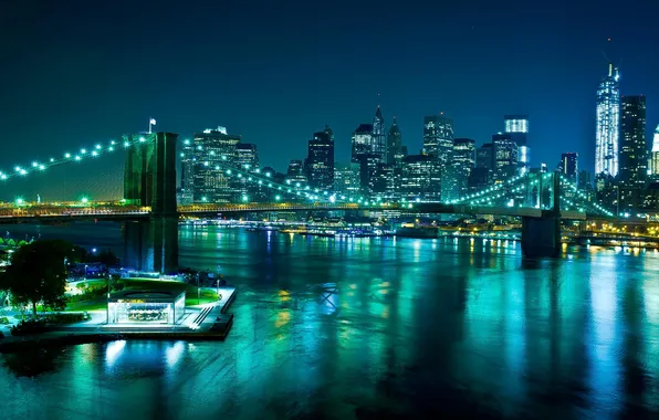 Bridge, lights, river, home, the evening, New York City, World Trade Center, Manhattan Bridge