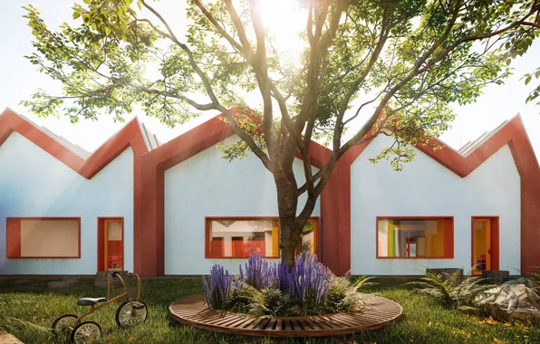 Flowers, bike, tree, structure, Kindergarten and cultural center
