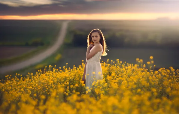 Picture road, field, space, girl, bokeh