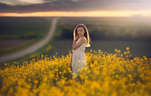 Road, field, space, girl, bokeh