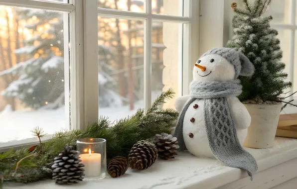 Branches, toy, candle, scarf, window, Christmas, New year, pot