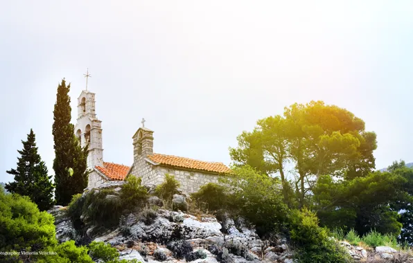 The sun, landscape, Church, landscape, Montenegro, montenegro, Budva, budva