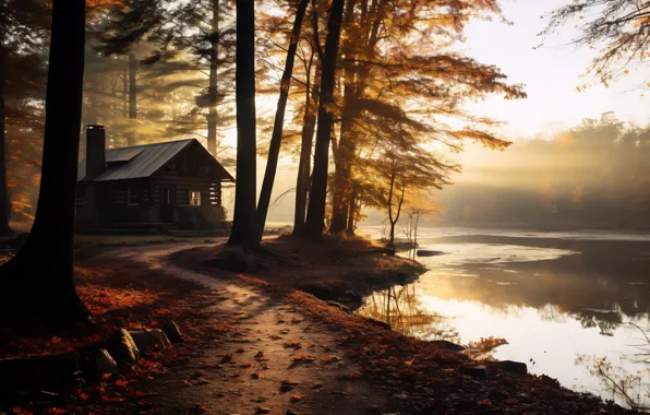Autumn, forest, the sun, light, trees, fog, house, Park