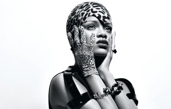 Decoration, style, makeup, outfit, white background, black and white, singer, Rihanna
