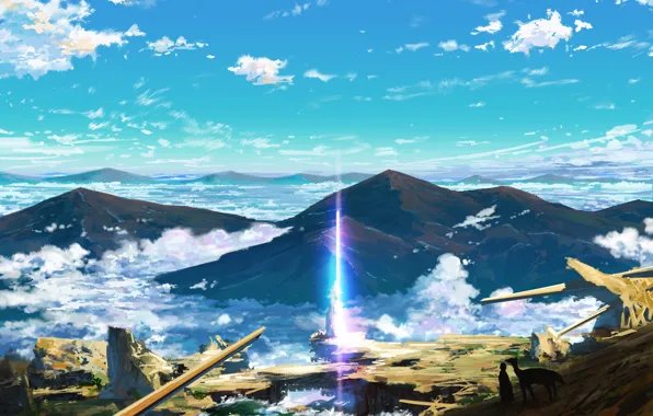 The sky, mountains, animal, people, silhouettes, a beam of light