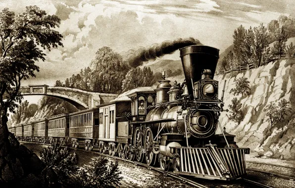 Road, train, the engine, picture, the car, iron, history, retro