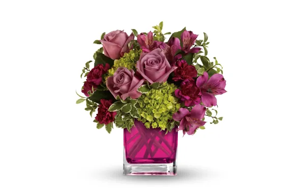 Picture roses, bouquet, vase, alstremeria