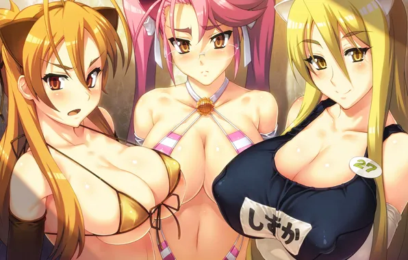 Sexy, cleavage, pink hair, erect nipples, long hair, girls, boobs, anime