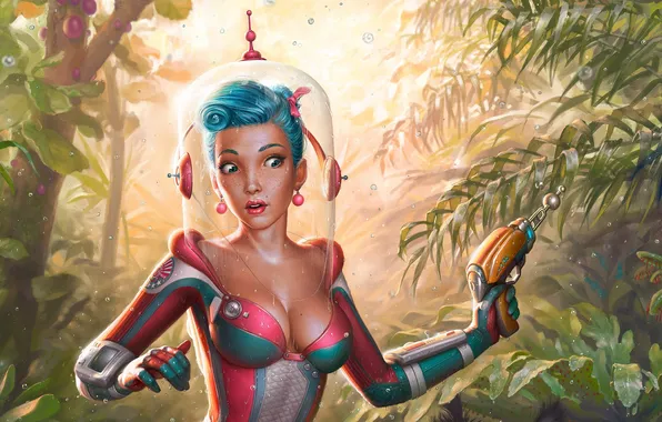 Chest, look, girl, weapons, astronaut, the suit, jungle, laser