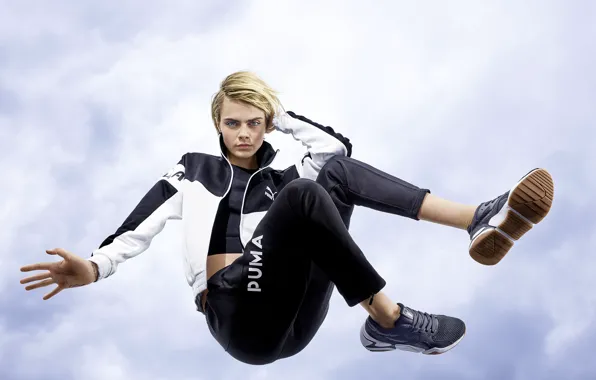 Look, girl, pose, arrows, costume, sneakers, Puma, Cara Delevingne