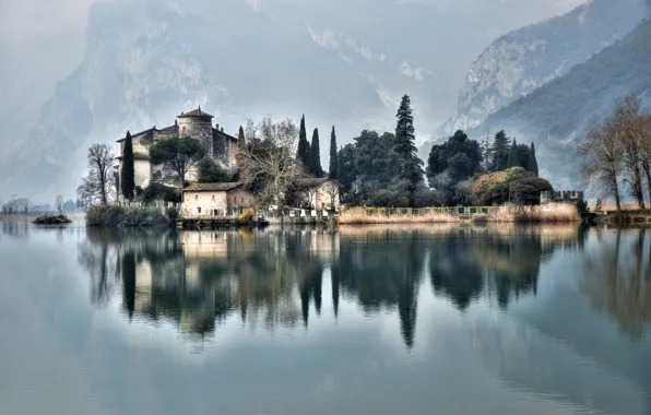 Mountains, lake, castle, Alps, Italy, Castel Toblino, Lake Toblino, Calavino