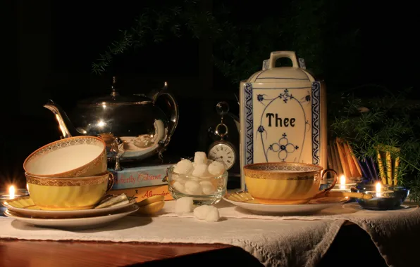 Picture tea, candles, kettle, Cup, sugar, still life