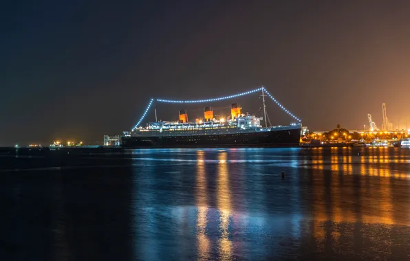 Picture night, lights, shore, ships, lights, CA, Bay, USA