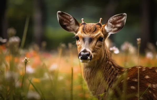 Field, face, flowers, nature, glade, portrait, deer, meadow