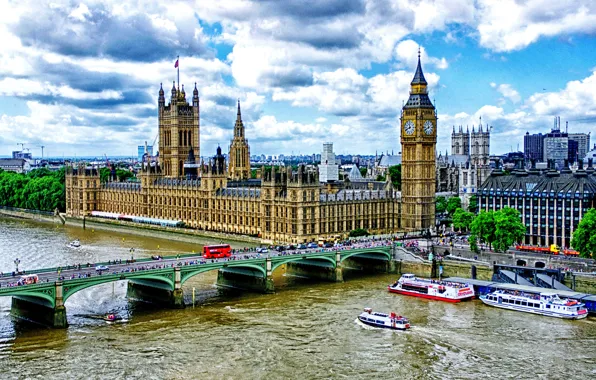 London, Big Ben, The Palace of Westminster, Westminster bridge, the river Thames embankment, pleasure boats