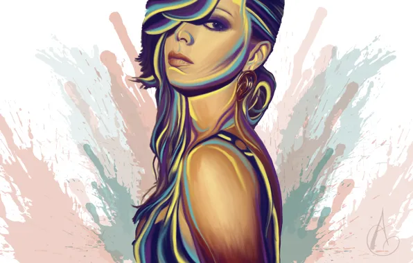 Picture look, girl, face, background, paint, hair, earrings, art
