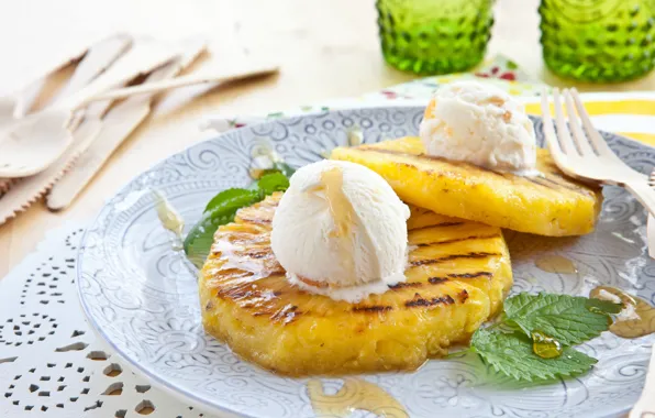 Ball, ice cream, pineapple, mint, dessert, grill