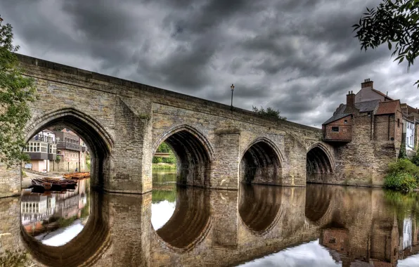 Picture the sky, clouds, bridge, house, river, hdr