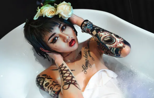 Picture look, girl, face, style, makeup, tattoo, bath, Asian