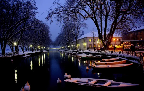 Winter, snow, the city, lake, France, boats, the evening, channel