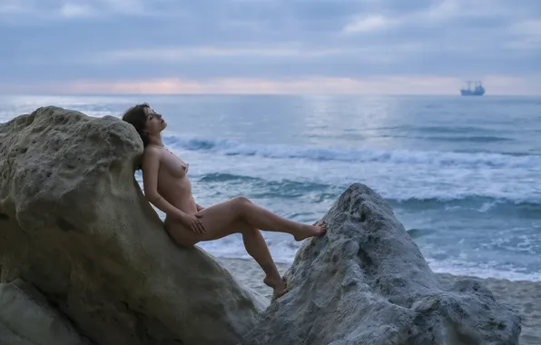 Sea, stones, ship, horizon, boulders, naked girl, model posing, Hergul MERTKAN
