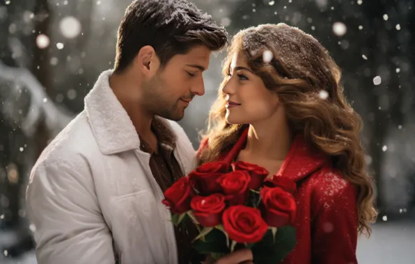 Winter, girl, snow, love, flowers, holiday, roses, bouquet