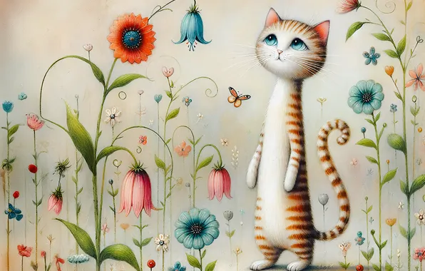 Cat, cat, look, flowers, pose, kitty, figure, styling