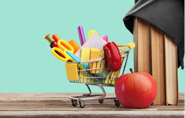 Picture basket, apples, book, truck, the office