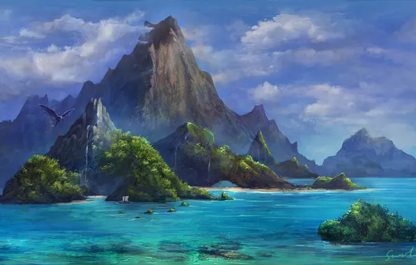 Paradise, The ocean, Sea, Mountains, Dragon, Rocks, Ship, Dragon