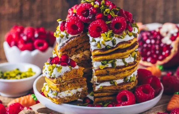 Raspberry, nuts, cream, garnet, pancake