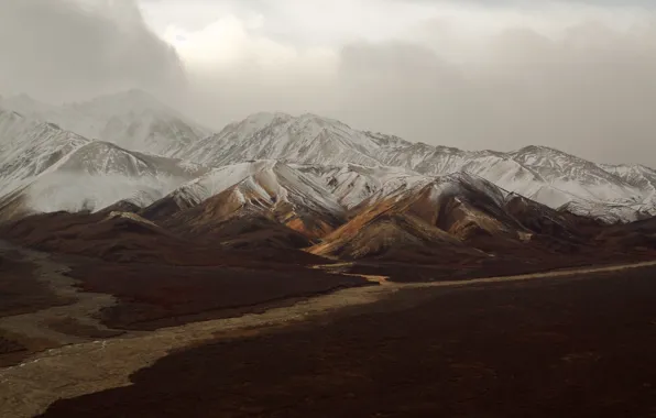 River, mountains, cloudy