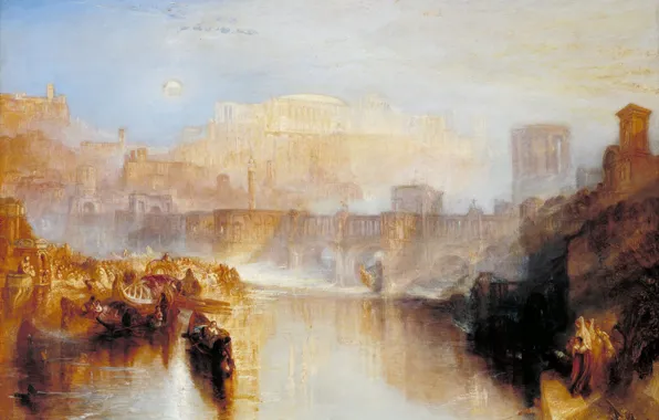 Landscape, bridge, river, boat, picture, genre, ancient Rome, William Turner