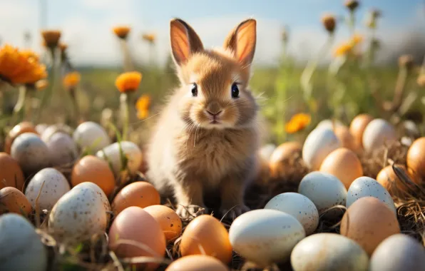 Look, light, flowers, nature, holiday, glade, hare, eggs