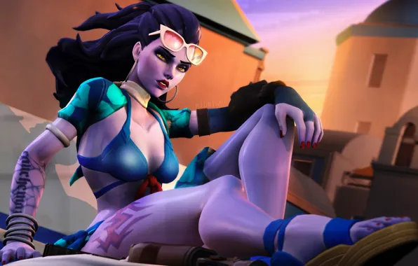 Beach, swimsuit, chest, tattoo, glasses, overwatch, Widowmaker, Amélie Lacroix