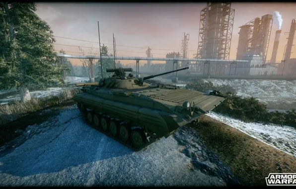 Road, snow, trees, plant, BMP-2, armored warfare