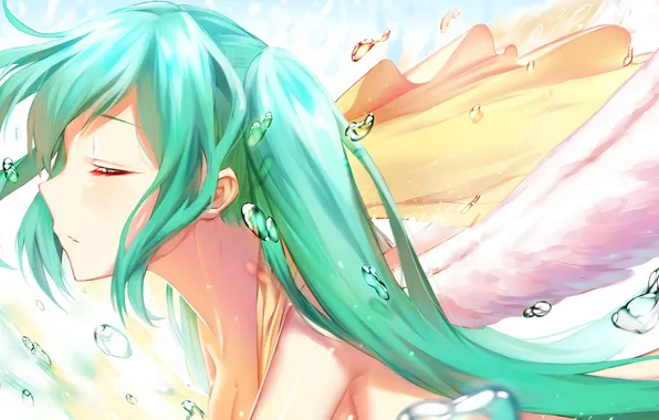 Picture girl, drops, wings, anime, art, profile, vocaloid, hatsune miku