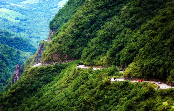 Road, forest, mountains, rocks, Brazil, Serra do Rio do Rastro