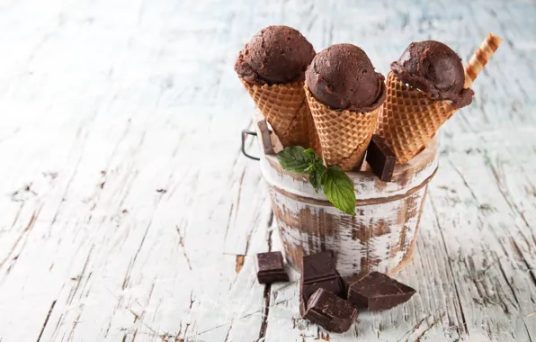 Summer, chocolate, ice cream, dessert, wood, chocolate, waffle cone