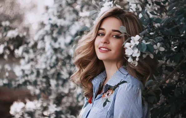 Picture look, girl, branches, portrait, spring, makeup, garden, hairstyle