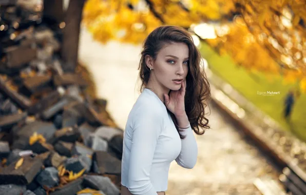 Autumn, white, look, trees, Park, stones, portrait, makeup