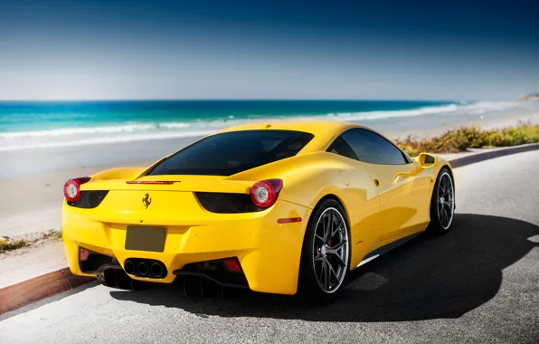 Ferrari, 458, sea, yellow, tuning, Italia