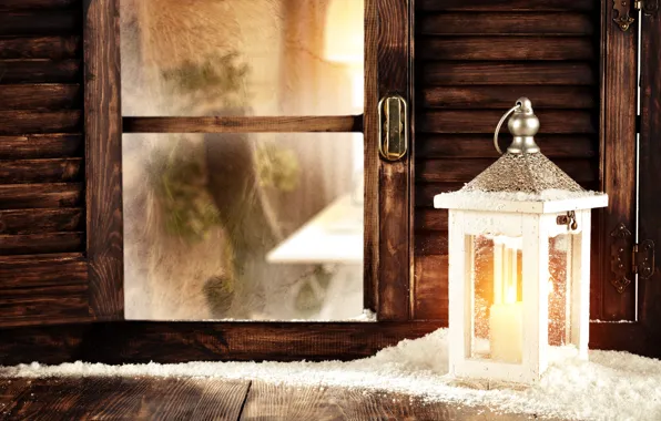 Snow, decoration, tree, New Year, window, Christmas, lantern, Christmas