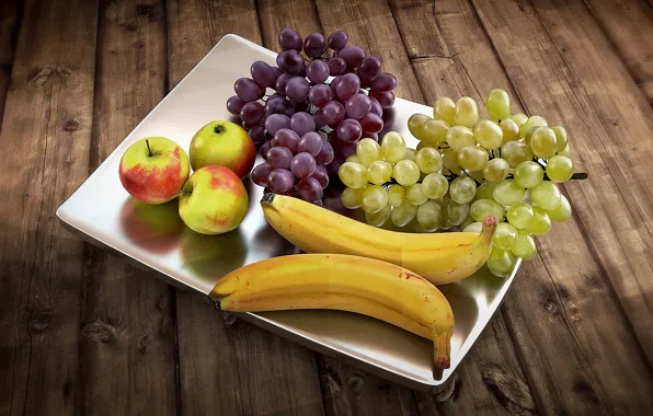 Apples, grapes, bananas, fruit, tray