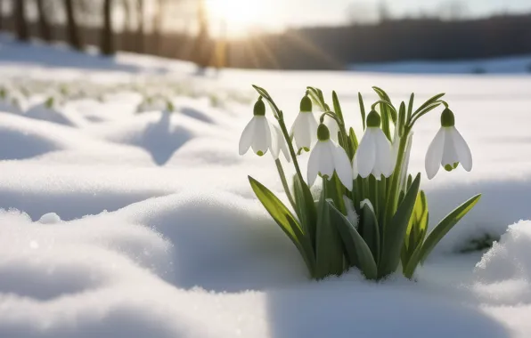 Snow, flowers, spring, snowdrops, the snow, white, AI art, neural network