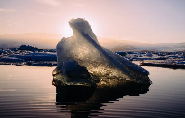 Ice, sea, the sky, water, the sun, dawn, shore, Iceland